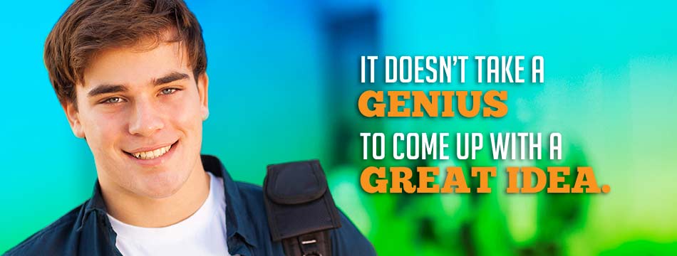 It doesn't take a genius to come up with a great idea. (Simling student looking at camera with a backpack)